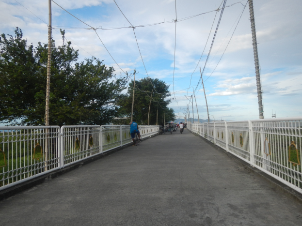 Eine Fußgängerbrücke mit Radfahrern, Geländern, Strommasten mit Drähten, Bäumen und einem bewölkten Himmel im Hintergrund.