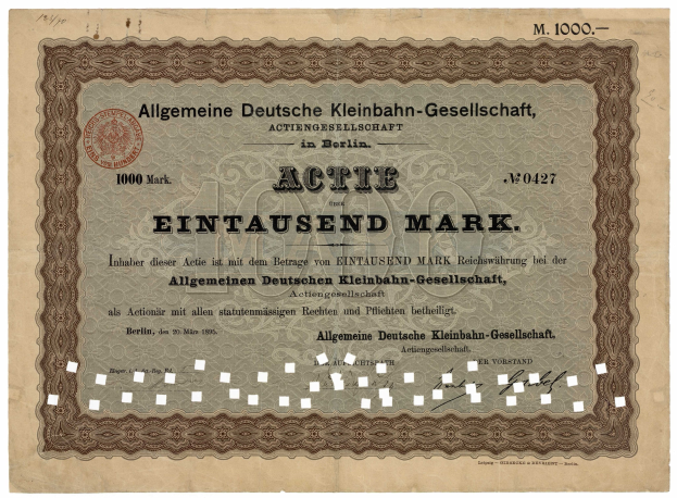 Alte deutsche Regierungsanleihe mit gedrucktem Text und einem offiziellen Stempel.