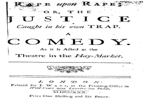 Schwarz-weiß-Plakat mit fetter schwarzer Schrift, die 'Vergewaltigung auf Vergewaltigung oder die Gerechtigkeit in ihrer eigenen Falle' lautet, wahrscheinlich Ankündigung einer Comedy-Show.