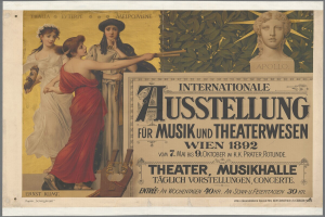 Ein Vintage-Plakat für eine Musik- und Theaterausstellung in Wien, Österreich, das eine Gruppe von Menschen in einem Kreis mit einer Frau in der Mitte, die ein Musikinstrument hält, zeigt, begleitet von Text, der das Ereignis beschreibt.