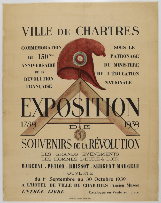 Ein Plakat, das eine Ausstellung in Chartres, Frankreich, ankündigt, mit Text, der das Ereignis und seinen Zweck beschreibt.