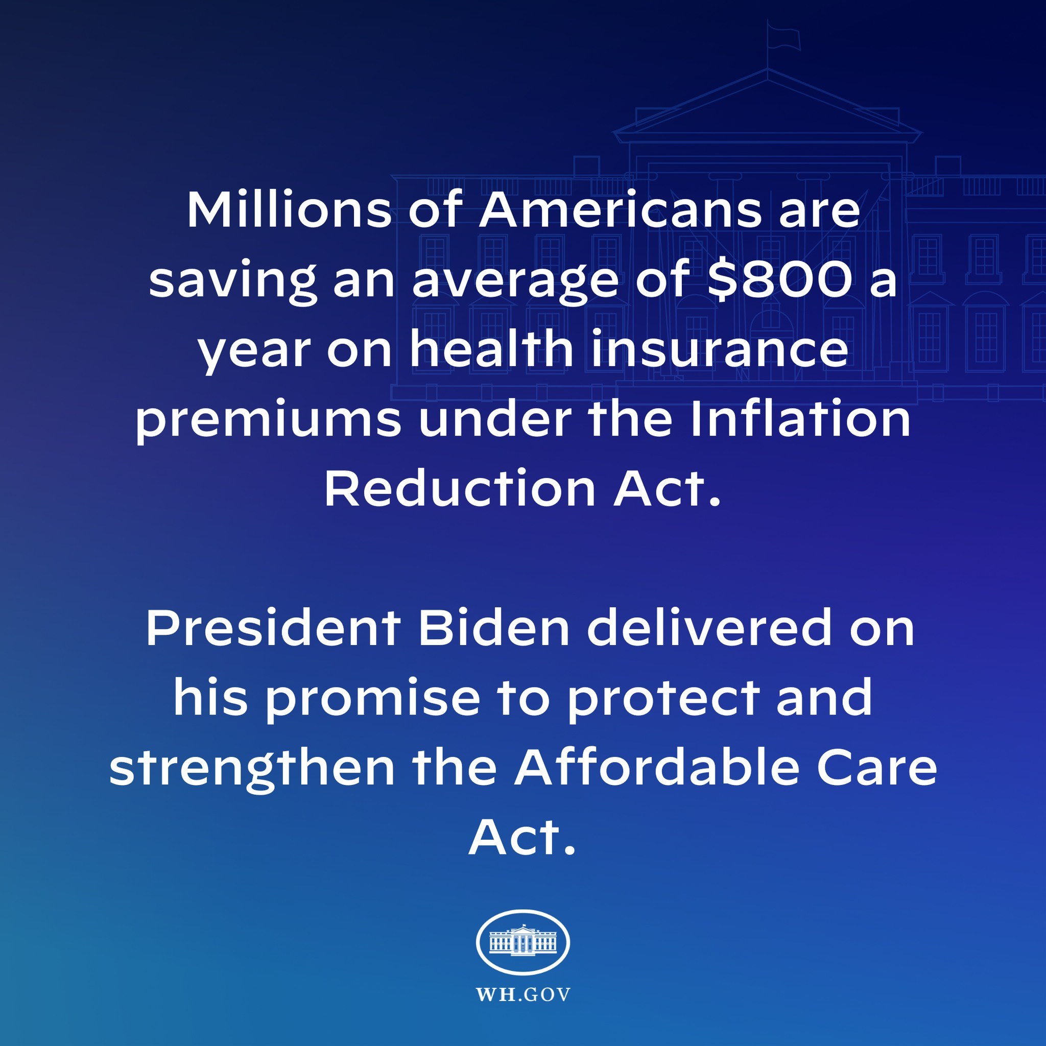 Blauer Hintergrund mit weißer Schrift, die besagt "Millionen von Amerikanern sparen durchschnittlich 800 Dollar im Jahr bei den Gesundheitskostenprämien thanks to the Inflation Reduction Act" in der Mitte des Bildes, begleitet von einem Logo.