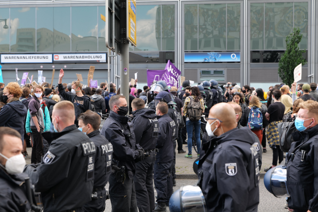 Eine große Gruppe von Menschen steht vor einem Gebäude, einige halten Schilder und tragen Helme, mit einem Pfahl und einem Schild im Vordergrund und einem Baum im Hintergrund, was auf eine Demonstration hindeutet.