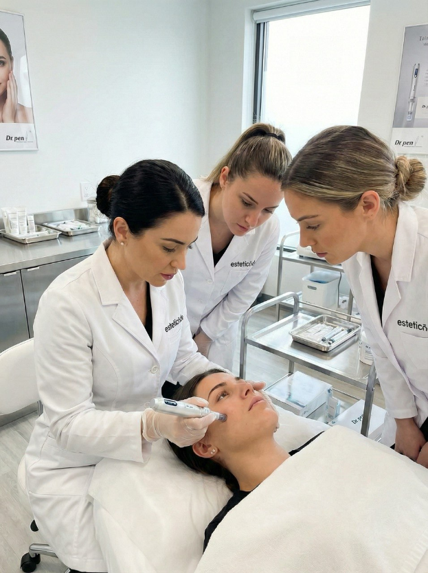 Drei Fachkräfte in professioneller Kleidung führen in einer klinisch reinen Umgebung eine hochwertige Gesichtsbehandlung durch. Die Szene vermittelt Präzision, Expertise und den Einsatz fortschrittlicher Hautpflegeverfahren.