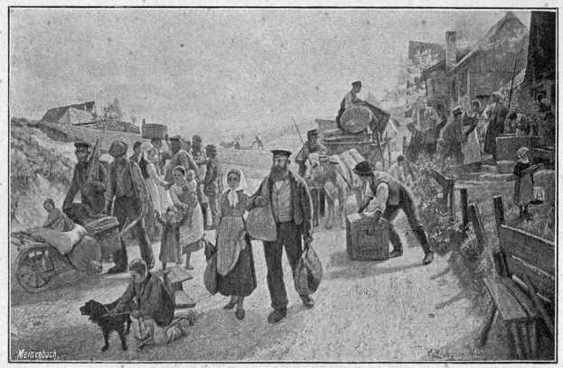 Eine Gruppe von Menschen, einige mit Taschen und einer auf einem Pferdewagen sitzend, gehen eine Schotterstraße entlang mit einem Hund, Häusern im Hintergrund und Text unten lesend "Deutsche Flüchtlinge in Deutschland".