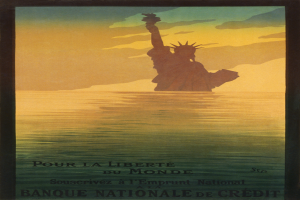Ein Plakat der Freiheitsstatue mit den Worten "Pour la Liberté du Monde" darauf, vor einem Hintergrund aus Wasser und Himmel.