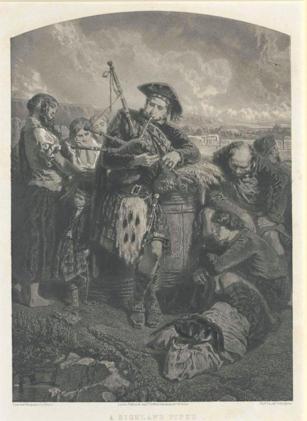 Schwarze und weiße Gravur eines Mannes, der eine Dudelsack vor einer Gruppe von Menschen spielt, mit einem bewölkten Himmel im Hintergrund, mit der Aufschrift "Ein Highland Pipe" unten.