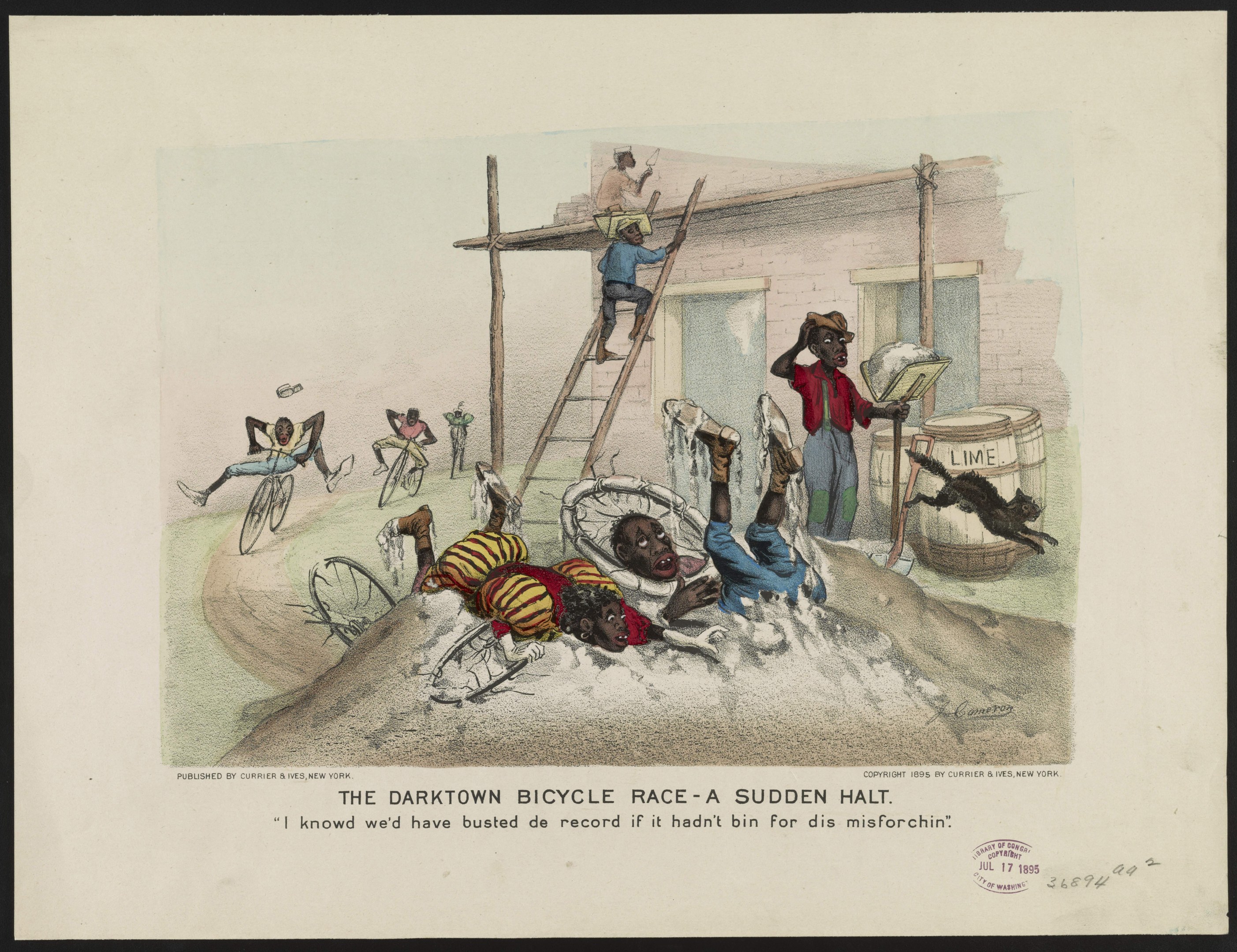 Plakat einer Vintage-Darstellung eines "Darktown Bicycle Race", das Radfahrer inmitten des Rennens zeigt, mit Zuschauern auf Leitern, Fässern und einem Gebäude im Hintergrund, sowie dem Titeltext unten.