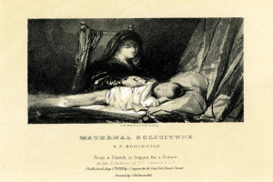 Eine Frau in einem weißen Kleid sitzt auf einem Bett und hält ein Baby nah an ihrer Brust, während das Baby glücklich zu ihr aufschaut; das Bild trägt den Titel "Maternaler Solitude" von R.P. Bonington.