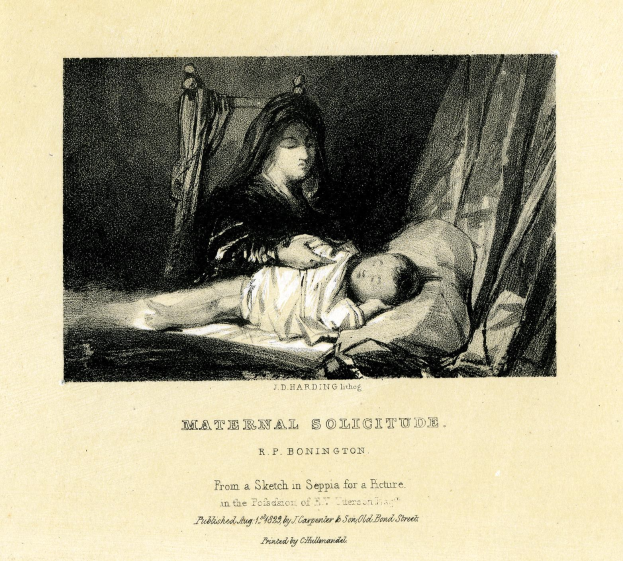 Eine Frau in einem weißen Kleid sitzt auf einem Bett und hält ein Baby nah an ihrer Brust, während das Baby glücklich zu ihr aufschaut; das Bild trägt den Titel "Maternaler Solitude" von R.P. Bonington.