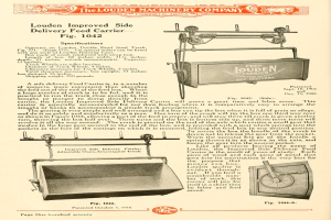 Anzeige für den verbesserten Seitengabe-Feed-Träger von Louden, die eine große rechteckige Maschine mit einem oberen Griff, einer Seitendeckel und einem unteren Förderband zeigt, zusammen mit Text, der seine Spezifikationen beschreibt.