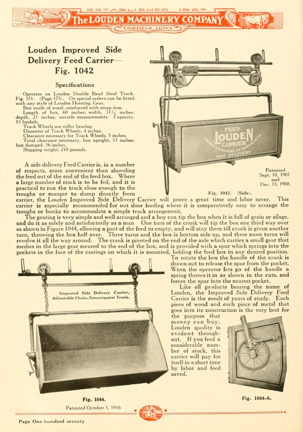 Anzeige für den verbesserten Seitengabe-Feed-Träger von Louden, die eine große rechteckige Maschine mit einem oberen Griff, einer Seitendeckel und einem unteren Förderband zeigt, zusammen mit Text, der seine Spezifikationen beschreibt.