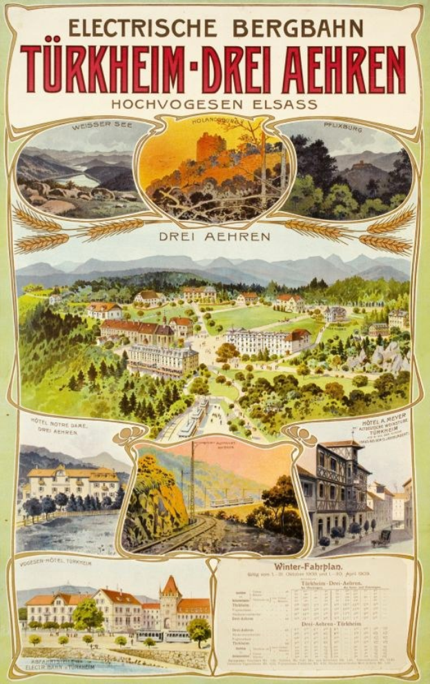 Plakat bewirbt Bergbahn, Deutschland als Elektrostadt, zeigt Bilder von Gebäuden, Bäumen, Hügeln und beschreibenden Text.