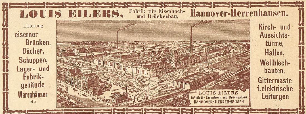Schwarze und weiße Anzeige für die Louis Eilers Hannover-Herrenhausen-Fabrik, die eine Illustration des Fabrikgebäudes mit begleitendem Text zeigt.