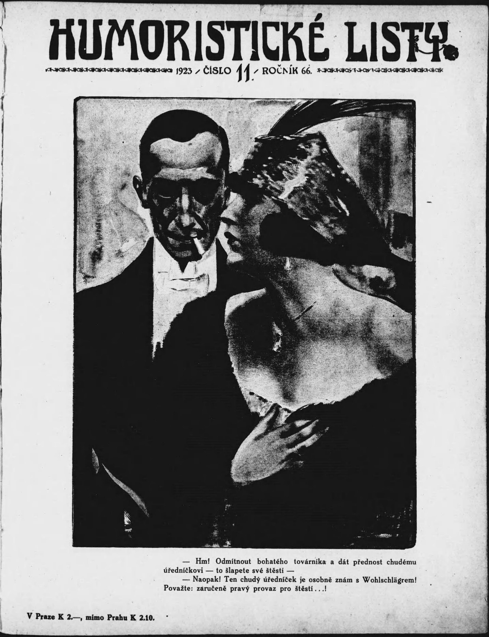 Schwarze und weiße Zeitschrift mit dem Titel 'Humoristische Liste', die einen Mann im Anzug mit ernstem Gesichtsausdruck und eine Frau zeigt, die wegsieht und schmunzelt.