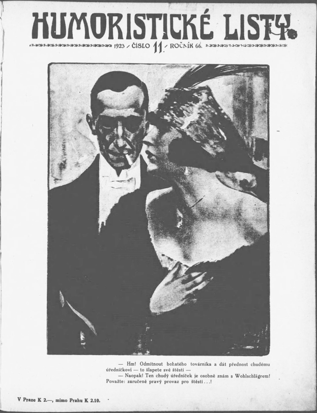 Schwarze und weiße Zeitschrift mit dem Titel 'Humoristische Liste', die einen Mann im Anzug mit ernstem Gesichtsausdruck und eine Frau zeigt, die wegsieht und schmunzelt.