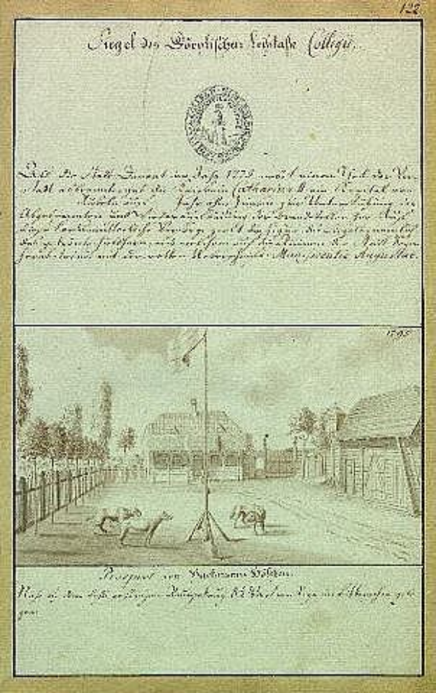 Schwarzes und weißes Bild einer handgezeichneten Straßenszene auf altem Papier, das eine Fahnenstange, Gebäude, Bäume und Himmel zeigt, überlagert mit Text aus einer Kopie des ersten Entwurfs der deutschen Verfassung.