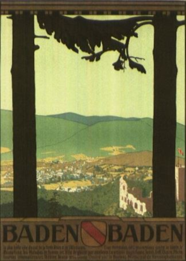 Ein Vogel sitzt auf einem Ast mit Gebäuden, Hügeln und einem klaren blauen Himmel im Hintergrund, mit Text, der wahrscheinlich Baden-Württemberg, Deutschland beschreibt.