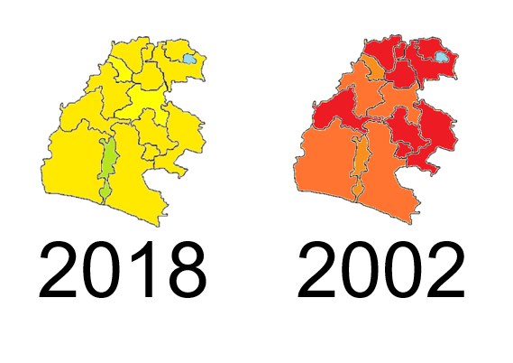Karte von Deutschland, die die provinziellen Grenzen von 2002 und 2018 in Gelb, Rot und Orange auf einem weißen Hintergrund mit Text zeigt.