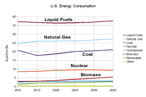Eine Liniengraphik, die die Trends des US-Energieverbrauchs für Erdgas, Kohle, Kernenergie und Biomasse zeigt, mit begleitendem Erl├Ąuterungstext.