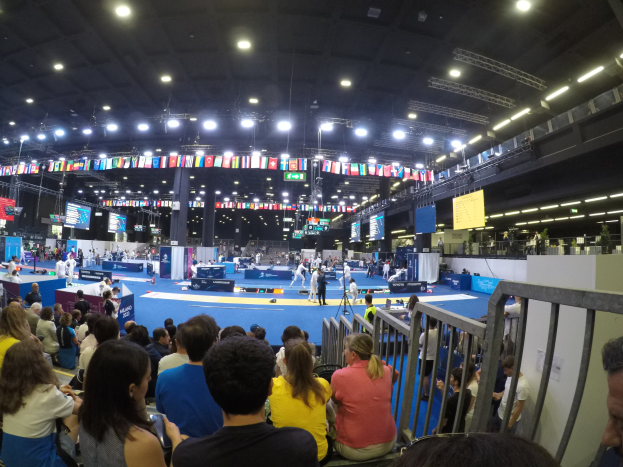 Eine große Menschenmenge sitzt und steht vor einer Bühne, mit einem Geländer auf der rechten Seite, Bildschirmen, Flaggen und Lichtern im Hintergrund bei den 2018 Europäischen Meisterschaften.