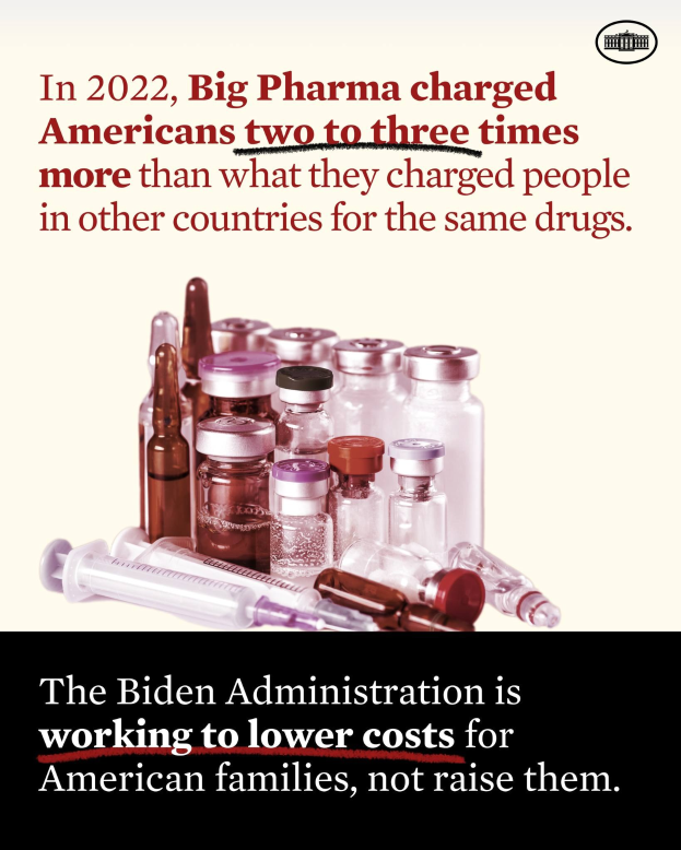 Ein Plakat, das besagt, dass Big Pharma 2022 Amerikaner zwei bis drei Mal so viel für dieselben Medikamente berechnet hat wie andere Länder, mit Bildern von Medikamentenflaschen und einer Spritze darunter.