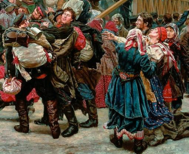 Gemälde von Menschen in traditioneller russischer Kleidung, die vor einer Menge tanzen und einige Gegenstände halten, vor einem hölzernen Haus als Hintergrund während einer lebhaften, festlichen Szene aus der russischen Revolution.