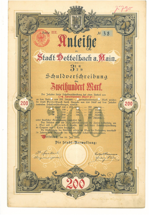 Altes deutsches Aktienzertifikat mit Porträt eines Mannes, mit gedrucktem Text und numerischen Werten, die Aktien Details angeben.