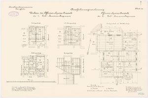 Schwarz-weißer architektonischer Grundriss des ehemaligen Bundeskanzleramts in der Bundesrepublik Deutschland, zeigt detaillierte Planung mit Textanmerkungen.