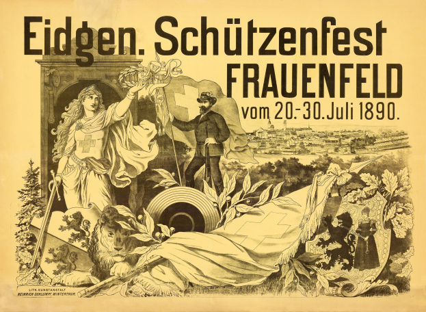 Plakat für das Eidgenössische Schützenfest in Frauenfeld, Deutschland, mit einem Mann im Anzug und einer Frau im Kleid und Veranstaltungseinzelheiten.