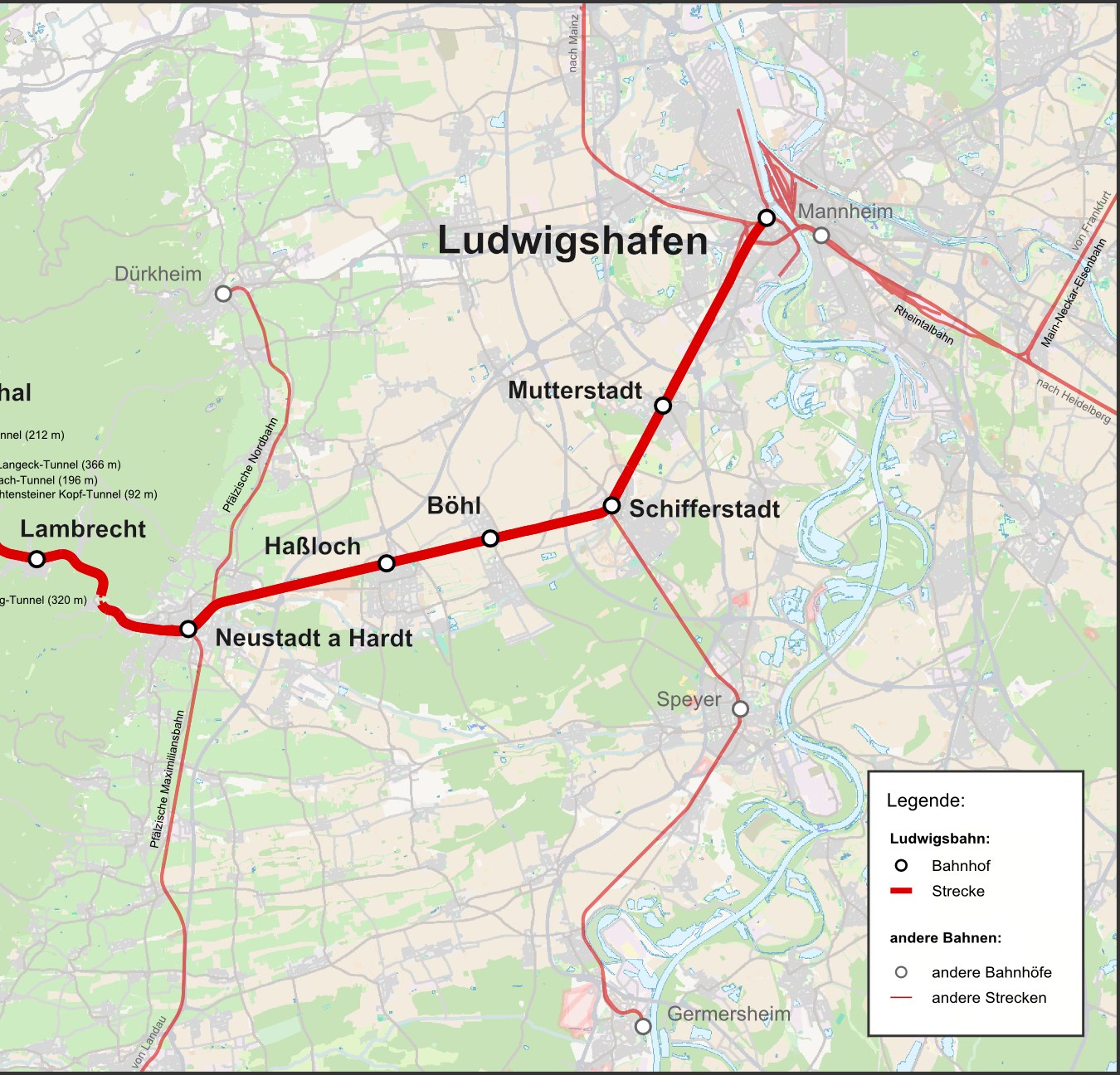 Karte von Ludwigshafen, Deutschland, mit einer roten Linie, die die Bahnroute markiert, und Text, der Bahnspezifikationen und Sehenswürdigkeiten beschreibt.