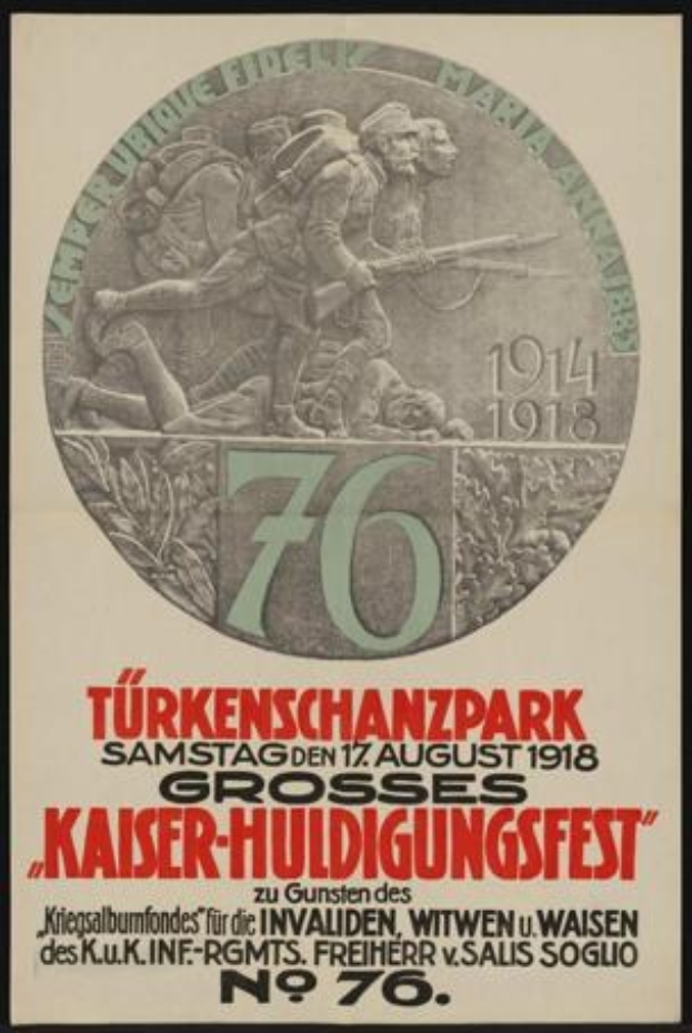 Plakat zum 70-jährigen Jubiläum des Kaiser-Huldigungsfestes in Berlin, Deutschland, mit einer Gruppe von Menschen umgeben von Text und Zahlen in einem gerahmten, klassischen Design.