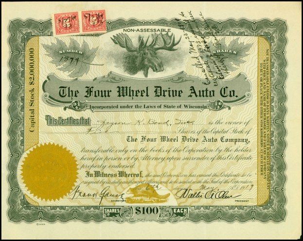 Vierradantrieb-Auto-Firmenaktienzertifikat mit Text, Zahlen, goldenem Siegel und verschiedenen Stempeln.