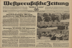Titelseite einer deutschen Zeitung vom 13. November 1939 mit der Überschrift 'Weitpreubliche Zeitung', die ein Gruppenfoto in traditioneller deutscher Tracht zeigt.
