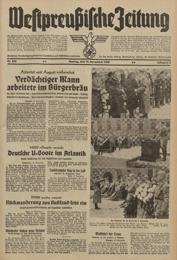 Titelseite einer deutschen Zeitung vom 13. November 1939 mit der Überschrift 'Weitpreubliche Zeitung', die ein Gruppenfoto in traditioneller deutscher Tracht zeigt.