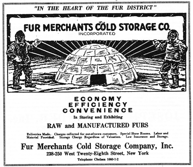 Eine Werbung f├╝r Fur Merchants Cold Storage Company, Inc., die zwei Personen vor einer iglu├Ąhnlichen Struktur zeigt, mit Text, der die Dienstleistungen des Unternehmens beschreibt.