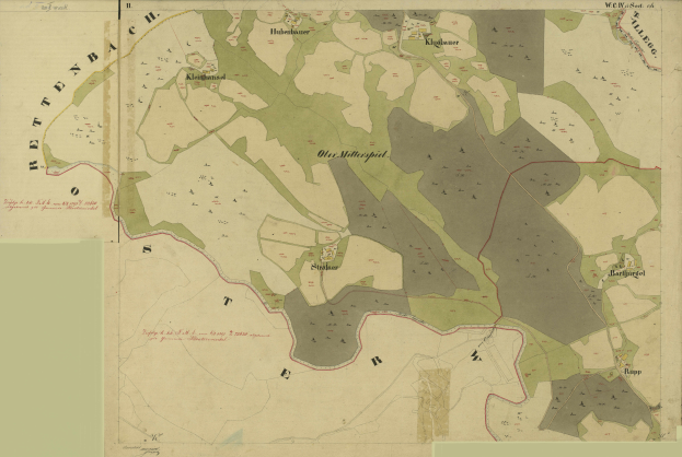 Ein altes Stadtplan von Stuttgart, Deutschland, zeigt Stadtgrenzen, Straßen, Gebäude, Sehenswürdigkeiten und Text mit zusätzlichen Informationen.