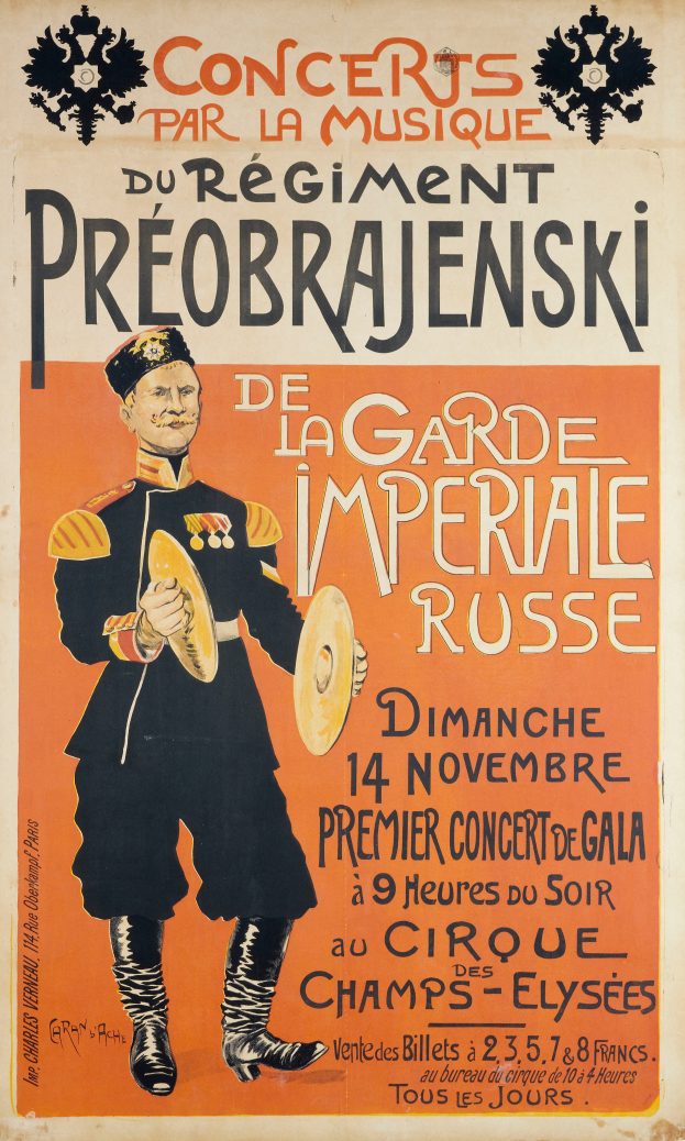 Ein Plakat, das ein Konzert für den Kaiser von Russland ankündigt und einen Mann in der Mitte zeigt, der ein Musikinstrument hält, sowie Text mit Veranstaltungshinweisen.