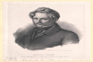 Schwarzes und weißes Porträt von Ernst Frühls, einem deutschen Komponist und Pianisten, der einen Anzug trägt und einen Schnurrbart hat und ernst dreinschaut, mit deutschem Text unten.