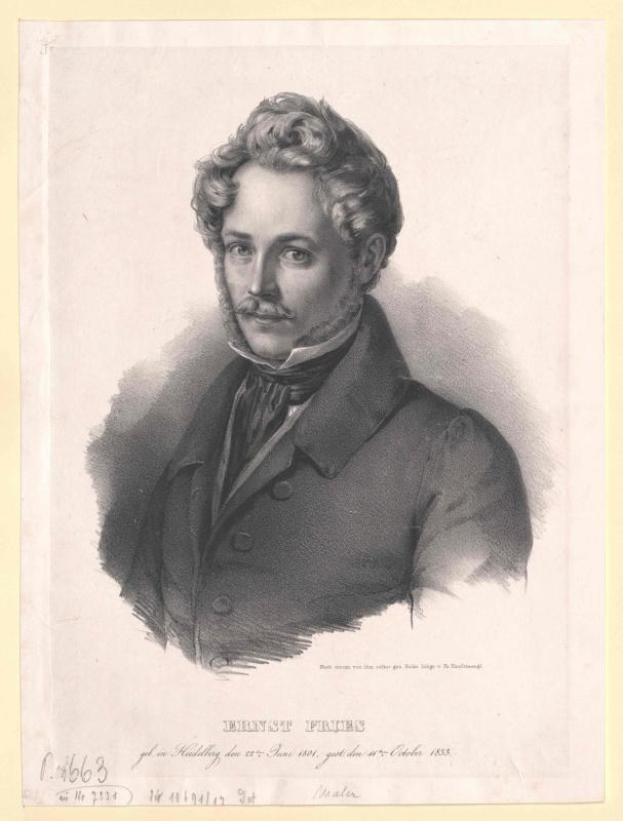 Schwarzes und weißes Porträt von Ernst Frühls, einem deutschen Komponist und Pianisten, der einen Anzug trägt und einen Schnurrbart hat und ernst dreinschaut, mit deutschem Text unten.