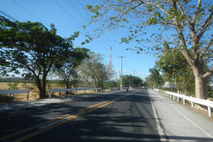 Ein Auto fährt auf einer von Bäumen gesäumten Straße mit Leitplanken, Strommästen, Drähten, einer Turm und einem klaren blauen Himmel im Hintergrund.