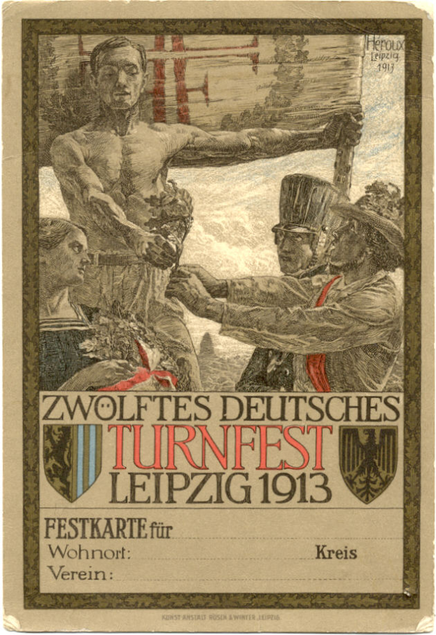 Ein Vintage-Plakat für das Zwölfte Deutsche Turnfest Leipzig 1913, das eine Gruppe von Menschen in der Mitte und Text mit Informationen zum Ereignis zeigt.
