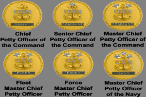 Sechs goldene Münzen mit Namen von Petty Officers des Kommandos auf weißem Hintergrund.