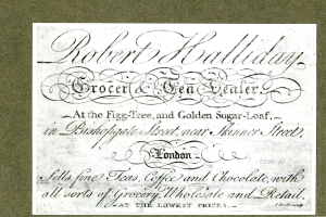 Papierbeleg mit dem gedruckten Text "Robert Halliday Grocer & Tea Dealer", der auf eine Transaktion aus seinem Geschäft hinweist.