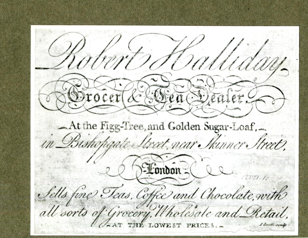 Papierbeleg mit dem gedruckten Text "Robert Halliday Grocer & Tea Dealer", der auf eine Transaktion aus seinem Geschäft hinweist.