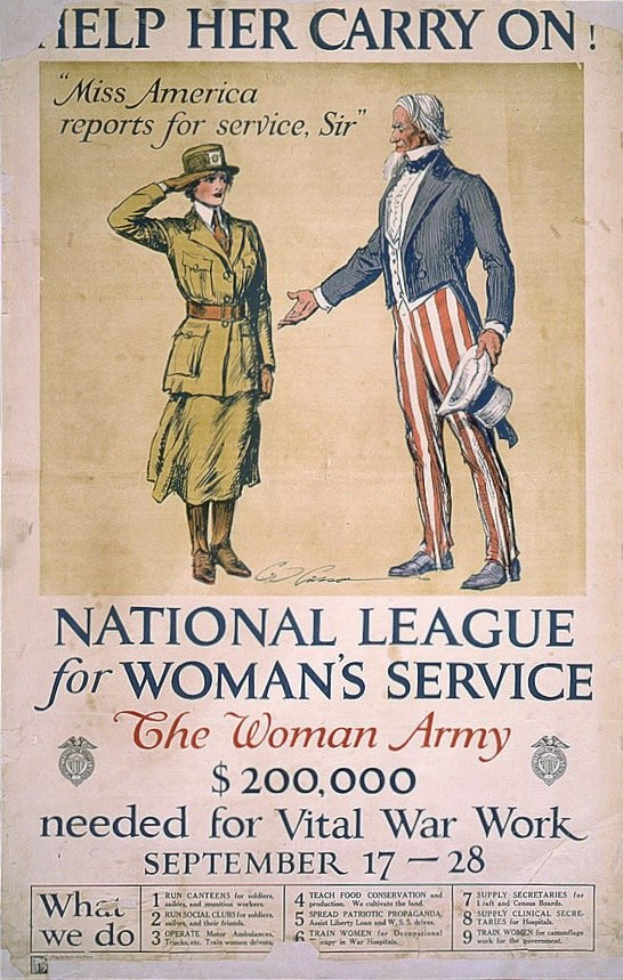 Plakat für die Nationale Liga für Frauen-Dienst mit zwei Personen, die nebeneinander stehen und Text über die Organisation.