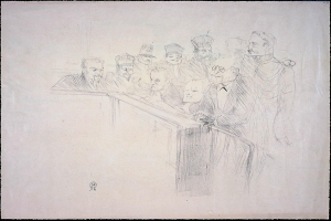 Eine Zeichnung einer Gruppe von Menschen in einem Gerichtssaal, die an einem mit Papieren übersäten Tisch sitzen, wobei einige ernst und andere besorgt aussehen, umgeben von einem schwarzen Rand.